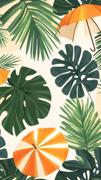 Aesthetic Preppy Summer Wallpapers combining tropical leaves and beach umbrellas in seamless tiles.