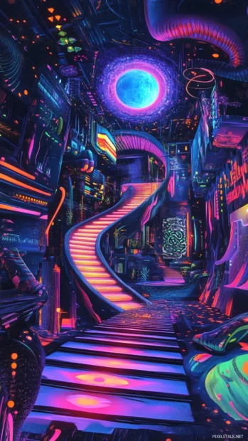 Aesthetic Trippy Wallpapers with psychedelic dreamscape in vivid neon tones, floating shapes and warped geometry.