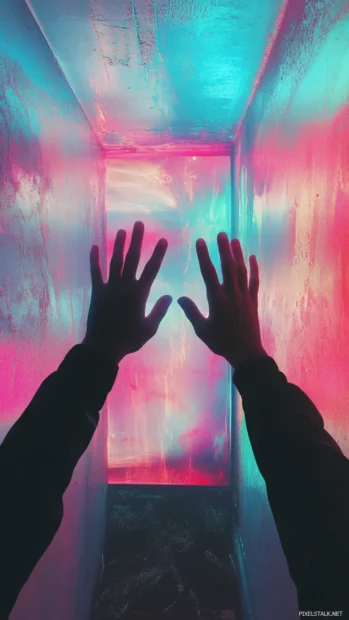 Aesthetic Trippy glow of hands reaching through walls in a multicolor space void.