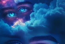 Aesthetic Trippy phone wallpaper featuring cosmic eyes and melting clouds in vaporwave tones.