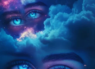 Aesthetic Trippy phone wallpaper featuring cosmic eyes and melting clouds in vaporwave tones.
