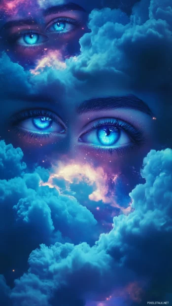Aesthetic Trippy phone wallpaper featuring cosmic eyes and melting clouds in vaporwave tones.
