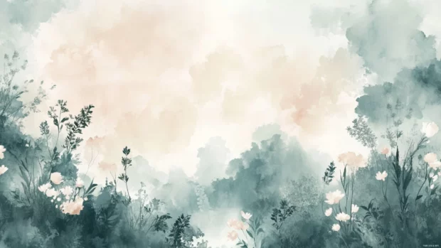 Aesthetic Watercolor Wallpapers capturing soft blush clouds over tranquil gardens, Clean and Elegant style.
