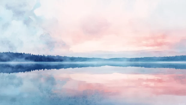 Aesthetic Watercolor Wallpapers of soft pastel skies over calm lakes, serene mood, Clean and Elegant style.