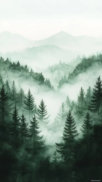 Aesthetic Watercolor Wallpapers showing misty forest valleys at dawn, muted green palette, Clean and Elegant style.