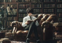 Aesthetic anime boy desktop HD wallpaper with books and vintage furniture.