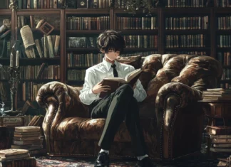 Aesthetic anime boy desktop HD wallpaper with books and vintage furniture.