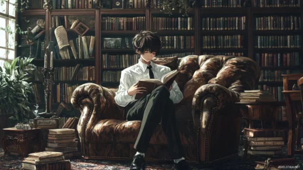 Aesthetic anime boy desktop HD wallpaper with books and vintage furniture.