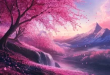 Aesthetic anime scenery with cherry blossoms, ideal anime wallpapers for desktop.