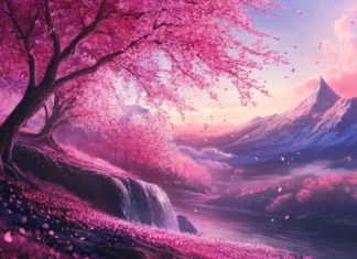 Aesthetic anime scenery with cherry blossoms, ideal anime wallpapers for desktop.