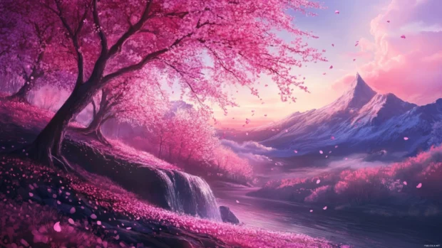 Aesthetic anime scenery with cherry blossoms, ideal anime wallpapers for desktop.