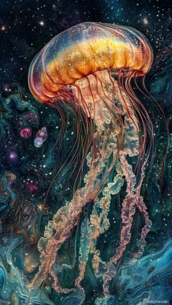 Aesthetic blend of glass waves, moving stars, and translucent jellyfish in a deep dream.