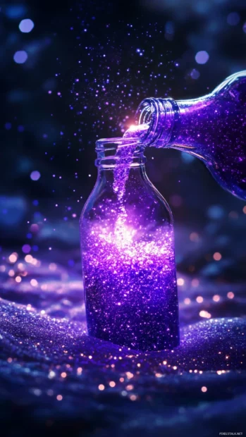 Aesthetic bottle pouring glowing purple stardust.