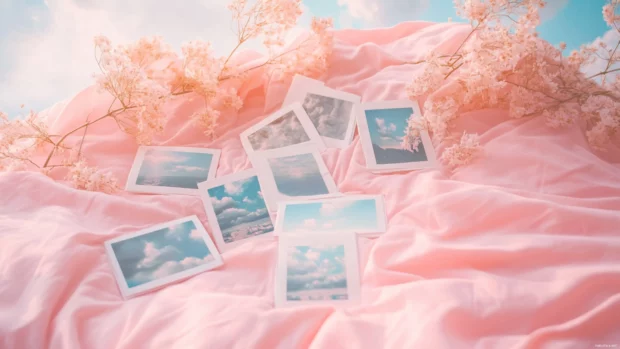 Aesthetic collage of Polaroids and pastel sky over pink bedding.