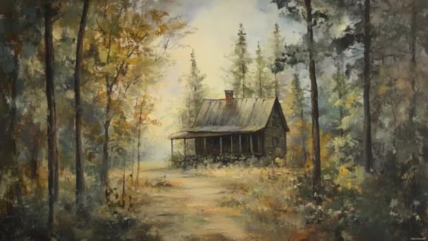 Aesthetic composition featuring A calm forest cabin, soft tones.