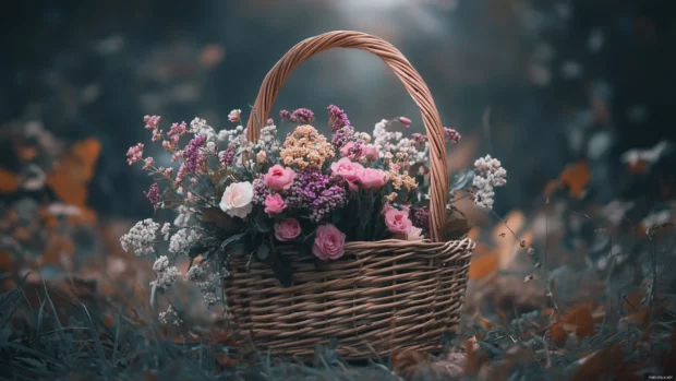 Aesthetic composition featuring Flower filled basket, soft tones.