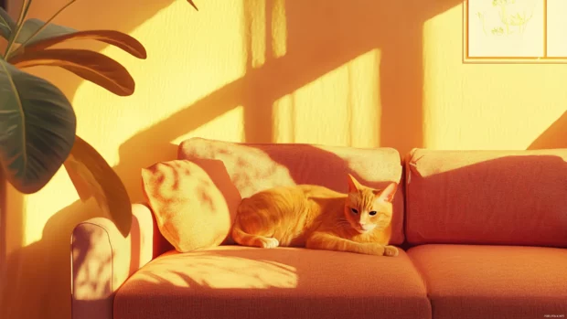Aesthetic composition featuring Ginger cat on a sofa, soft tones.