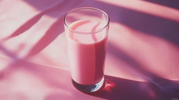 Aesthetic composition featuring Glass of strawberry milk, soft tones.