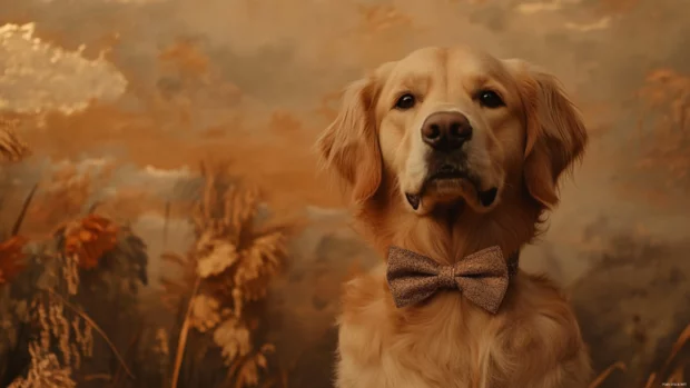 Aesthetic composition featuring Golden retriever with bowtie, soft tones.