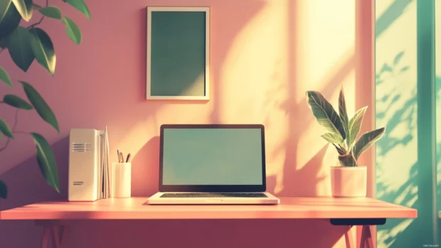 Aesthetic composition featuring Minimal desk with laptop, soft tones.