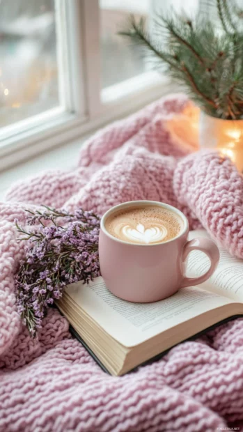 Aesthetic cozy morning with a pink coffee cup, knitted blanket, and a book.