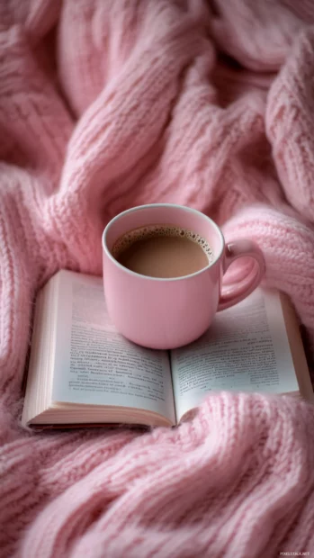 Aesthetic cozy morning with a pink coffee cup, knitted blanket, and a book.