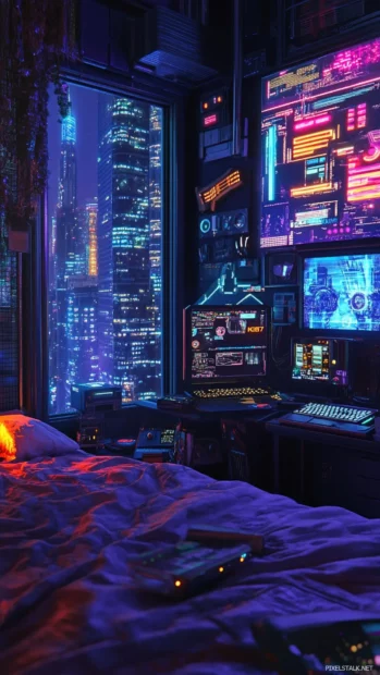 Aesthetic cyberpunk bedroom lit by devices.