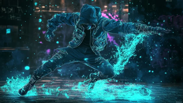Aesthetic cyberpunk street dancer mid motion.