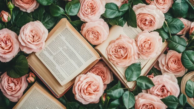Aesthetic flatlay of Pretty Roses and books inspired by Aesthetic rose wallpaper.
