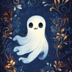 Aesthetic ghost design where cartoon spirits dance through frames of vines and lace.