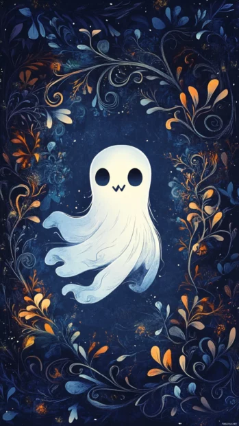 Aesthetic ghost design where cartoon spirits dance through frames of vines and lace.