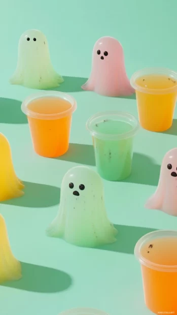 Aesthetic ghost illustrations floating with bubble tea cups in playful rows.