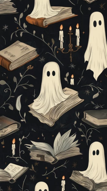 Aesthetic ghost pattern where ghosts balance books and candles while floating past.