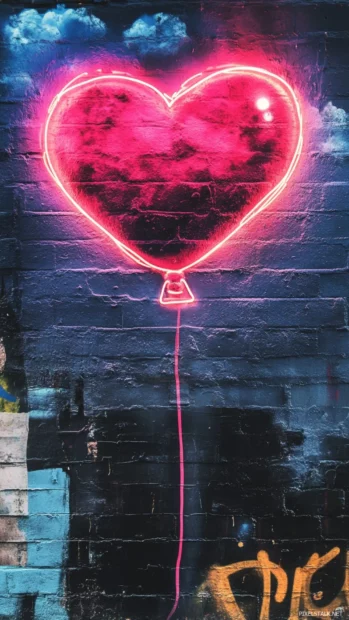 Aesthetic graffiti wallpaper with heart shaped balloon rising past neon cloud.