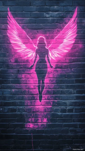 Aesthetic graffiti wallpaper with pink angel silhouette glowing on a brick wall.