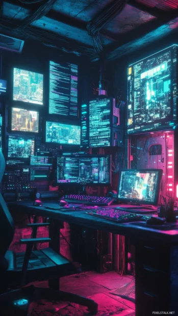 Aesthetic hacker room with multiple screens.