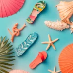 Aesthetic iPhone summer collage with beach umbrellas, summer sandals, and starfish elements, tropical vibe.