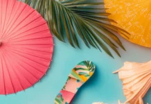 Aesthetic iPhone summer collage with beach umbrellas, summer sandals, and starfish elements, tropical vibe.