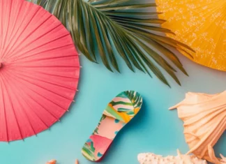 Aesthetic iPhone summer collage with beach umbrellas, summer sandals, and starfish elements, tropical vibe.