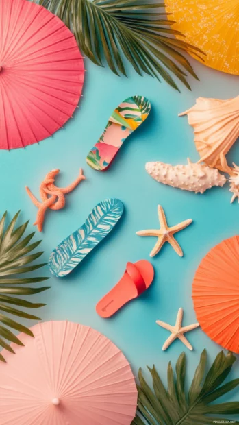 Aesthetic iPhone summer collage with beach umbrellas, summer sandals, and starfish elements, tropical vibe.