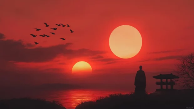 Aesthetic minimalist scene featuring Rising sun, ultra HD.