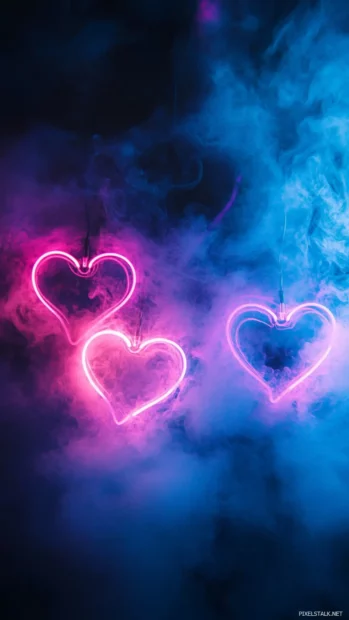Aesthetic neon heart lights, Aesthetic neon hearts drifting through dark mist.
