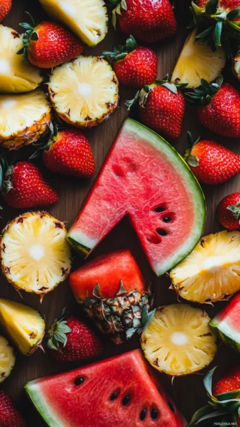 Aesthetic pattern of summer fruits like watermelon, pineapple, and strawberries with tropical aesthetic charm.