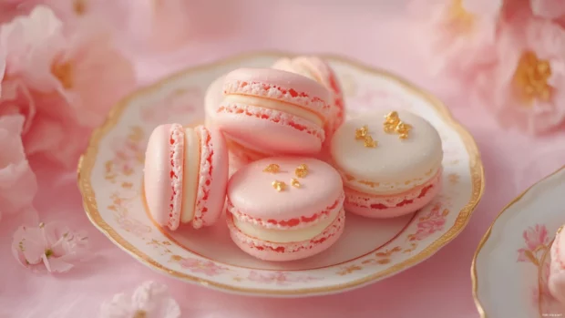 Aesthetic pink and white macarons on a delicate porcelain plate.