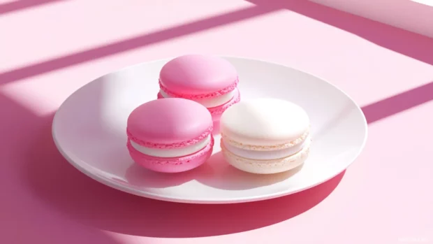 Aesthetic pink and white macarons on a delicate porcelain plate.