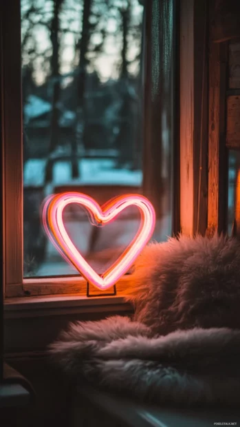 Aesthetic pink neon heart sign glowing in a cozy, dreamy room.