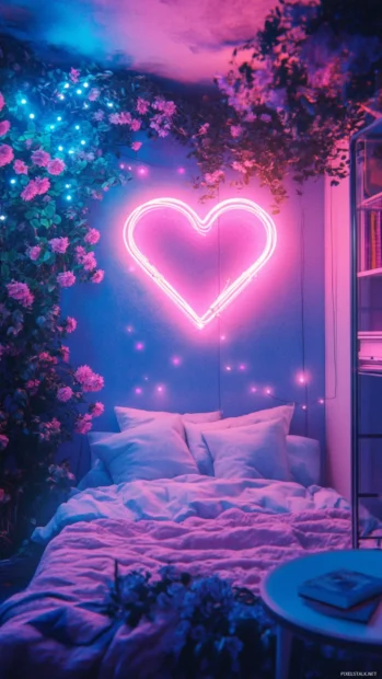 Aesthetic pink neon heart sign glowing in a cozy, dreamy room.