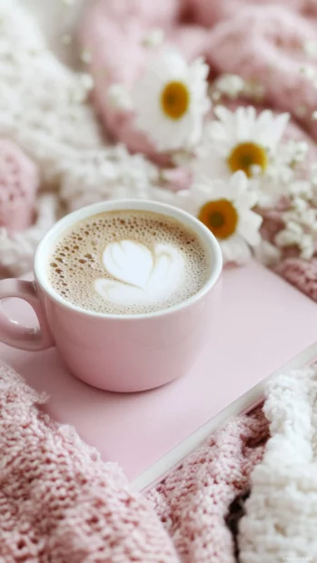 Aesthetic pink notebook, coffee cup, and soft flowers on a cozy desk.