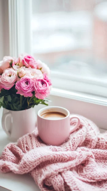Aesthetic pink notebook, coffee cup, and soft flowers on a cozy desk.