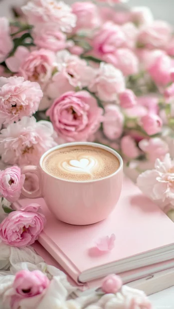 Aesthetic pink notebook, coffee cup, and soft flowers on a cozy desk.